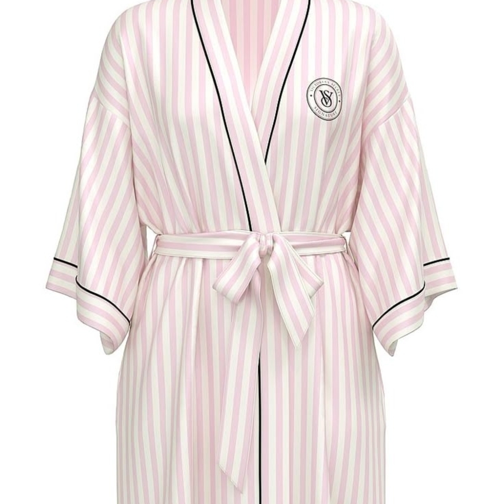 NWT XS/S Victoria's Secret Iconic Pink and White Striped Robe With Embroidery